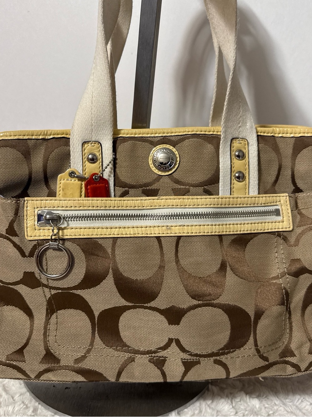 Coach Beige Signature Canvas Tote with Yellow Piping and White Straps
